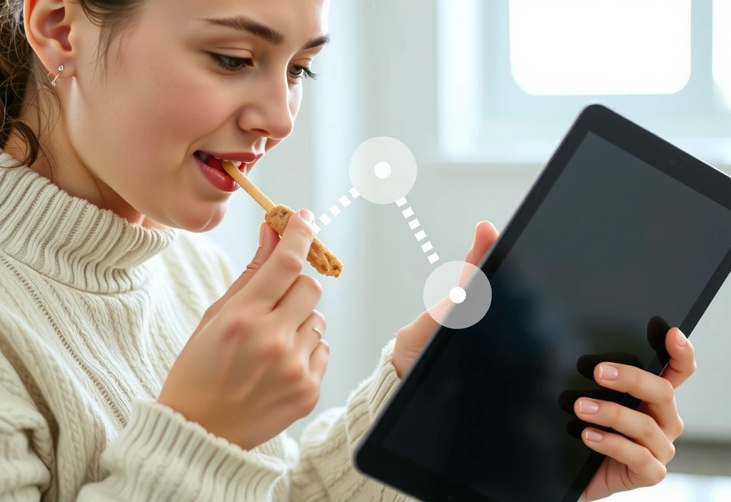 A person enjoying a healthy snack while looking at a tablet, symbolizing a personalized online experience facilitated by cookies.