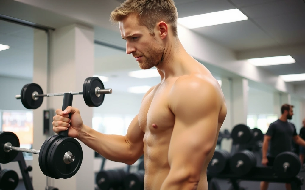 A strong, healthy man lifting weights in a modern gym, embodying peak physical condition and natural strength.
