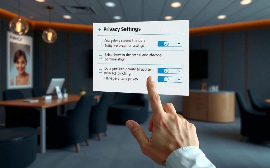A person interacting with a digital interface, managing privacy settings and data preferences with multiple options.